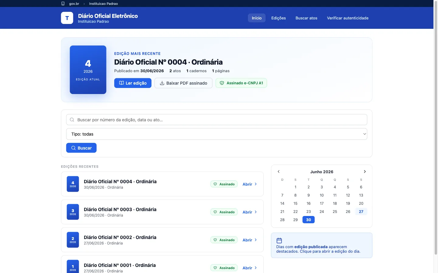 Portal público do Diário Oficial Eletrônico: capa do dia com edição mais recente e calendário